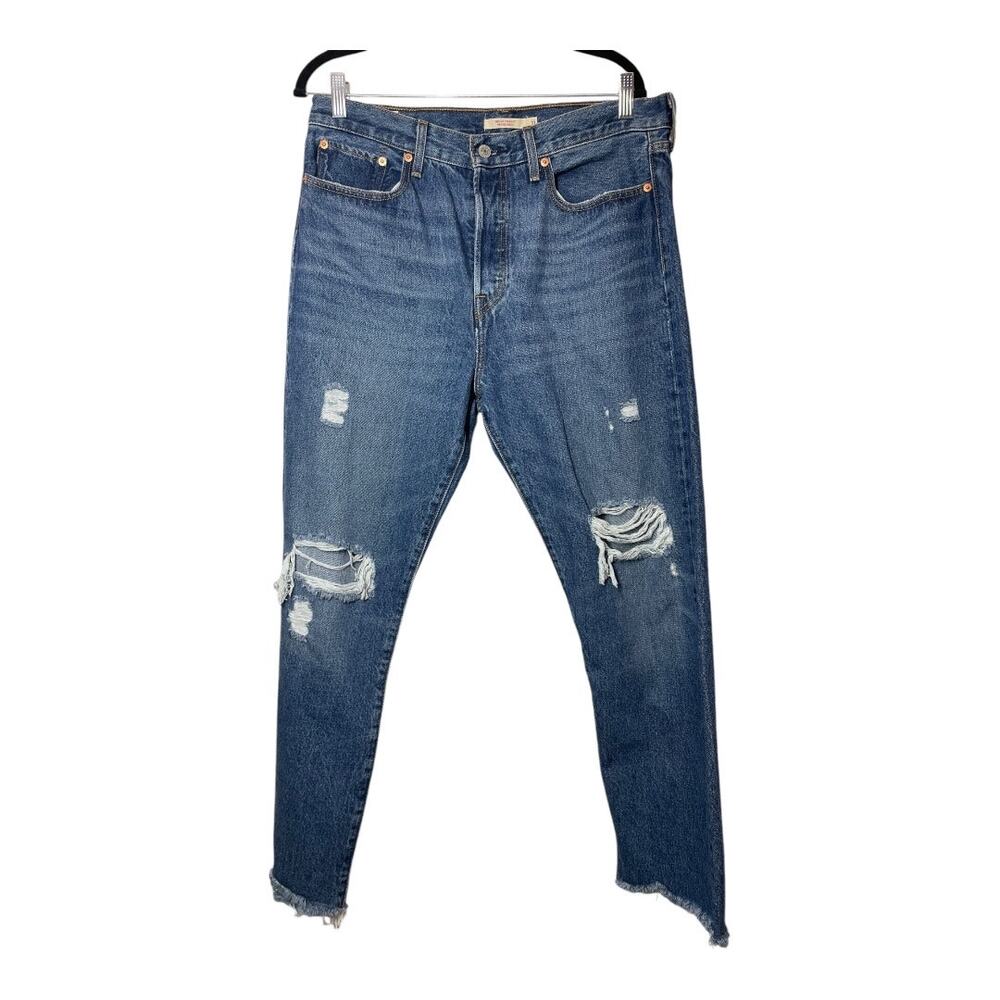 Levi's Wedgie Straight Jeans Ripped Knee Distress Fray Raw Hem Sz 31 Button Fly